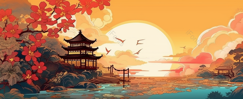 夕阳山水中国自然国潮风景树林古典风格湖泊水墨插画,插画/手绘图,插画/手绘图库,插画/手绘图下载,插画/手绘